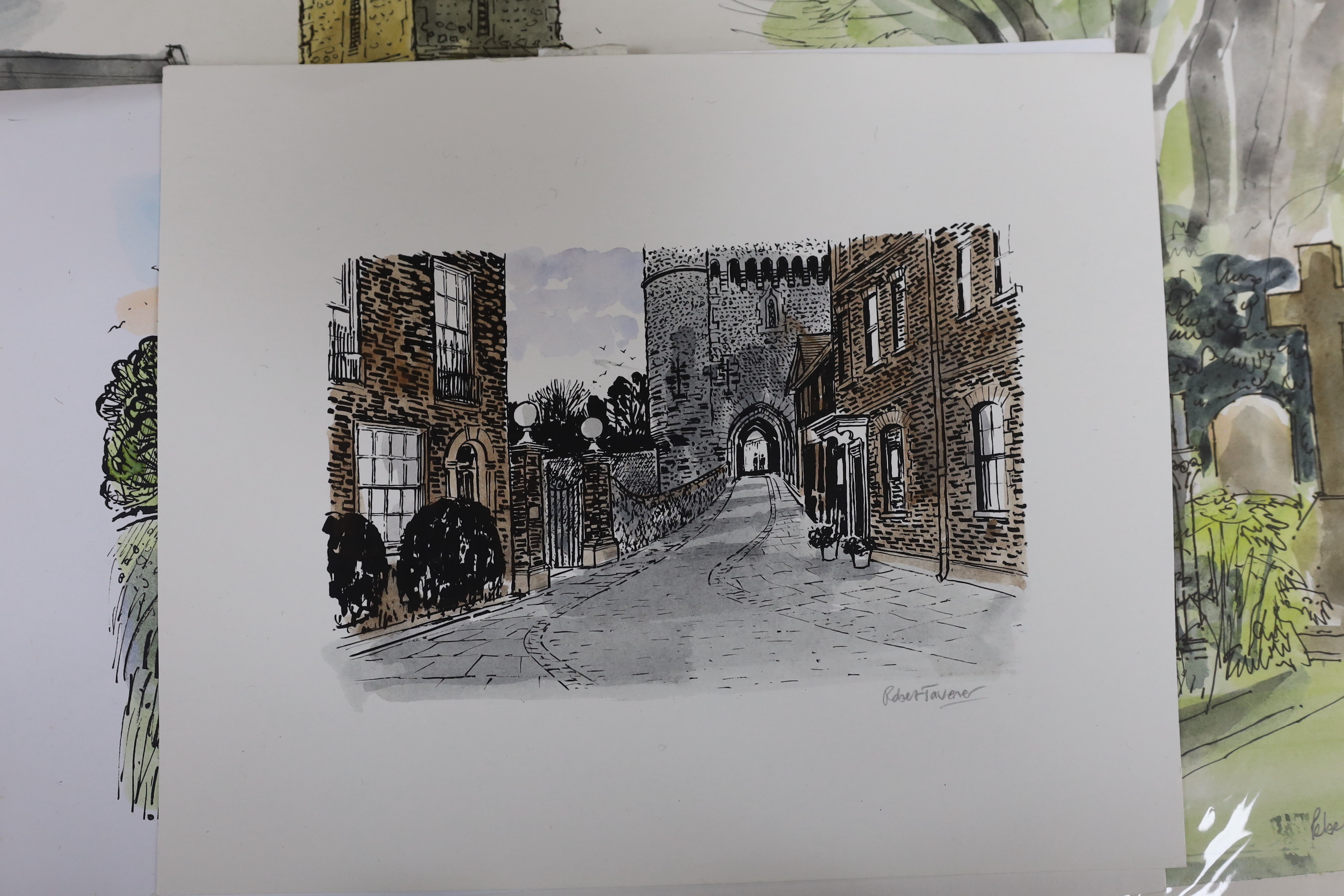 Robert Tavener (1920-2004) two ink and watercolours, each signed, together with three colour lithographs, each signed in pencil, Street scenes, unframed, largest 38 x 45cm